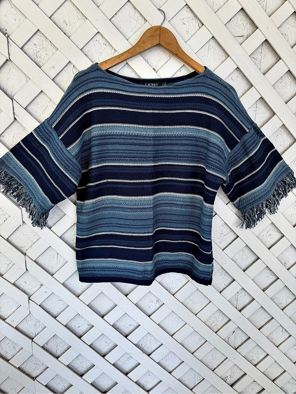 Lauren Ralph Lauren Striped Fringe Sleeve Cotton Top Western Boho Small